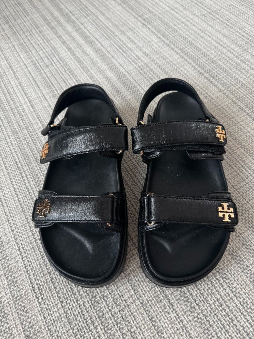 Tory Burch Kira Leather Sport Platform Sandals Black Gold 8.5
